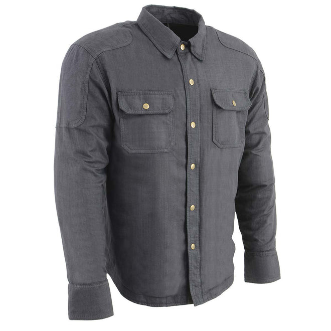 Milwaukee Leather men's black flannel biker shirt with CE approved armor and reinforced aramid fibers, designed for motorcycle riding.