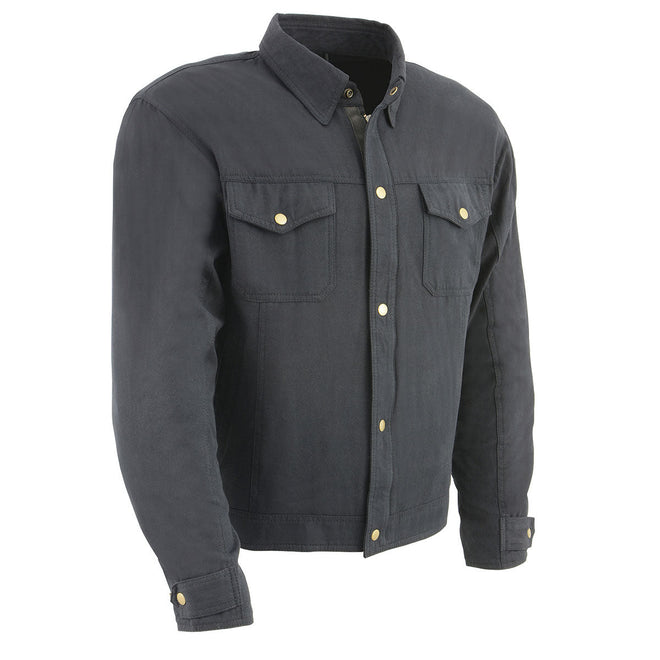 Milwaukee Leather men's black flannel biker shirt with CE armor and reinforced aramid fibers, designed for motorcycle riding protection.