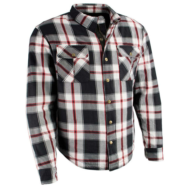 Milwaukee Leather MPM1625 men's plaid flannel biker shirt with CE armor, reinforced with aramid fibers, in black, white, and red.