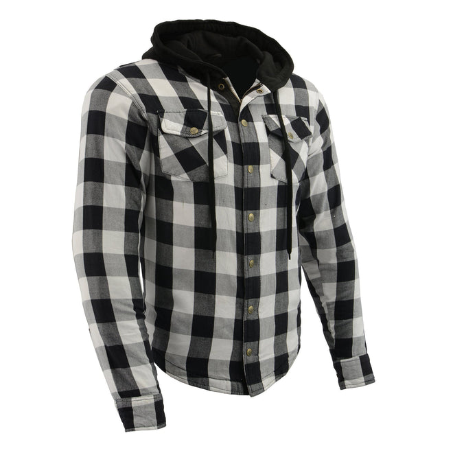 Milwaukee Leather men's plaid hooded flannel biker shirt with CE armor and reinforced aramid fibers, shown on a hanger.