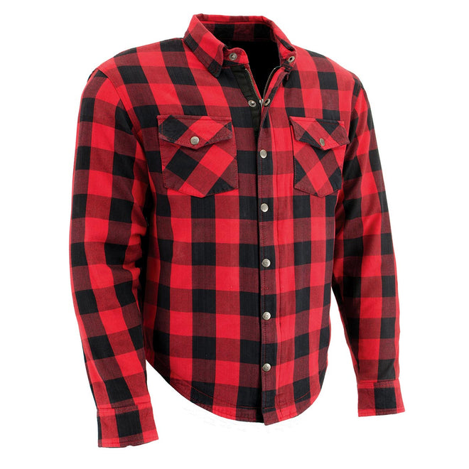 Milwaukee Leather men's plaid flannel biker shirt with CE-approved armor and reinforced aramid fiber, in red.