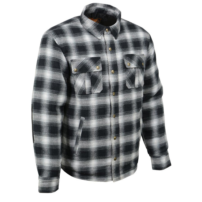 Milwaukee Leather men's black and white checkered flannel motorcycle riding shirt, textile clothing with button front and collar.
