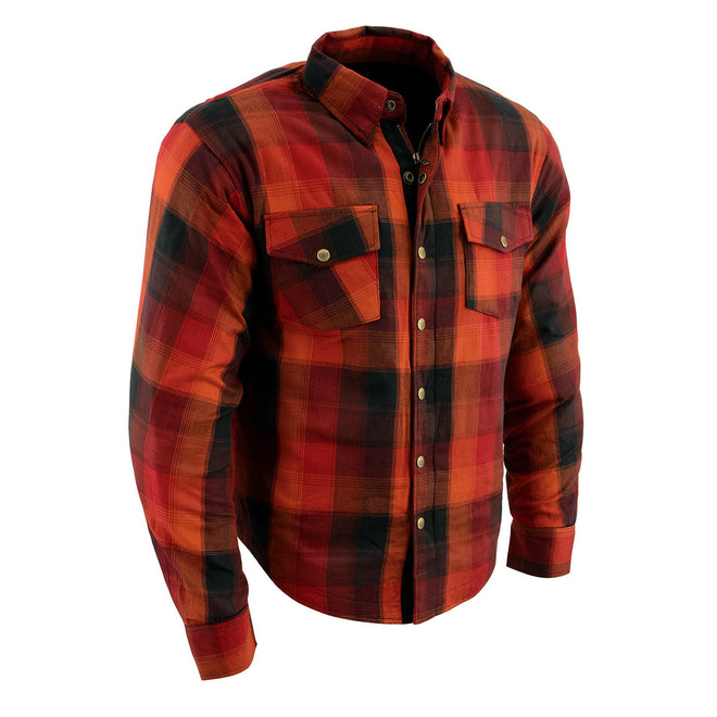 Milwaukee Leather men's plaid flannel biker shirt with reinforced armor and aramid fiber details, featuring a classic checkered pattern.
