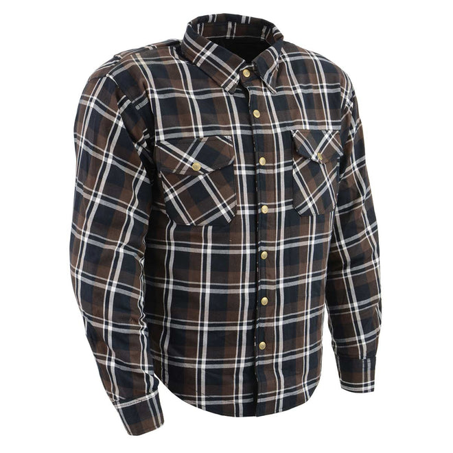 Milwaukee Leather MPM1643 men's plaid flannel biker shirt with CE armor, reinforced with aramid fiber, casual protective textile clothing.