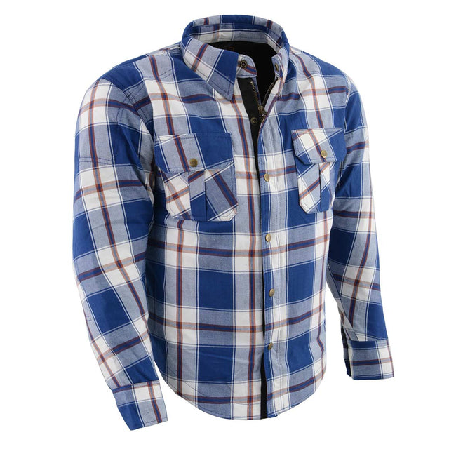 Milwaukee Leather men's plaid flannel biker shirt with CE armor, reinforced with aramid fiber for added protection and style.