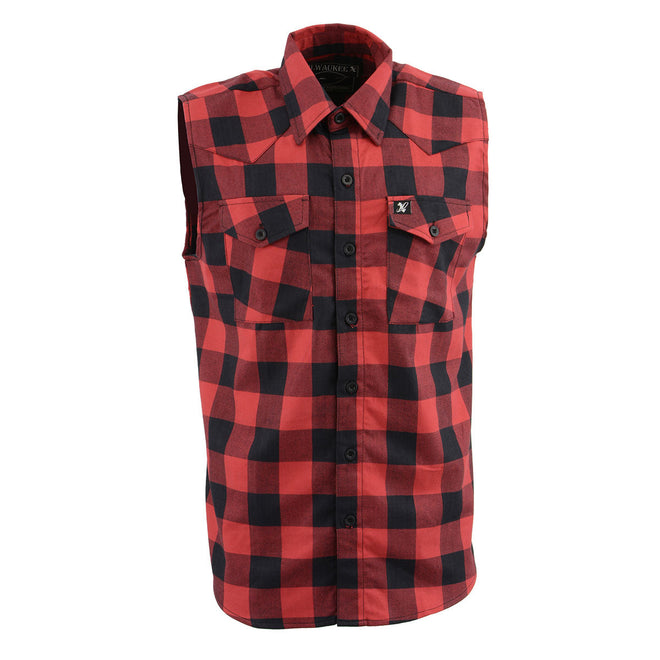 Milwaukee Leather men's black and red checkered cut-off flannel shirt, casual textile clothing, front view with collar and button details.