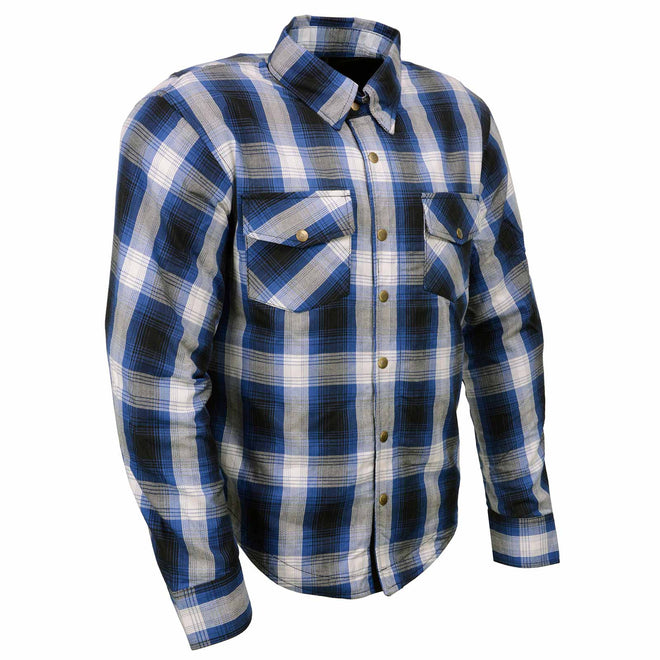 Milwaukee Leather MPM1650 men's plaid flannel biker shirt with CE armor and reinforced aramid fiber for protection and style.