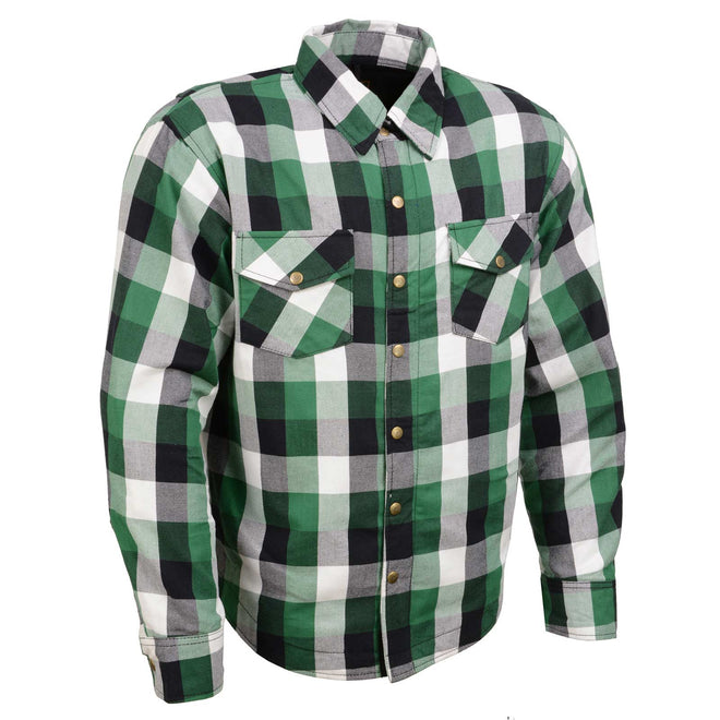 Milwaukee Leather MPM1651 men's plaid flannel biker shirt with CE armor and reinforced aramid fiber for protection and style.