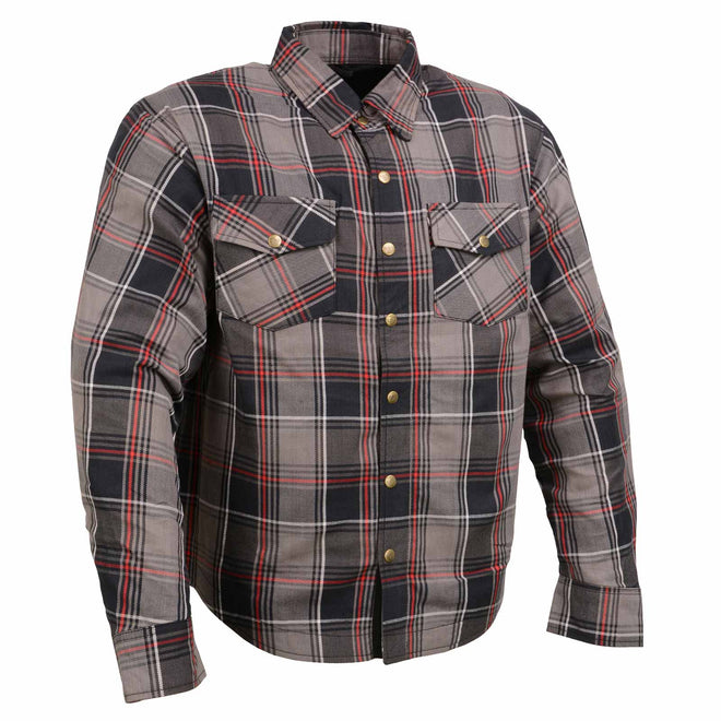 Milwaukee Leather men's plaid flannel biker shirt with CE-approved armor and reinforced aramid fiber for added protection.