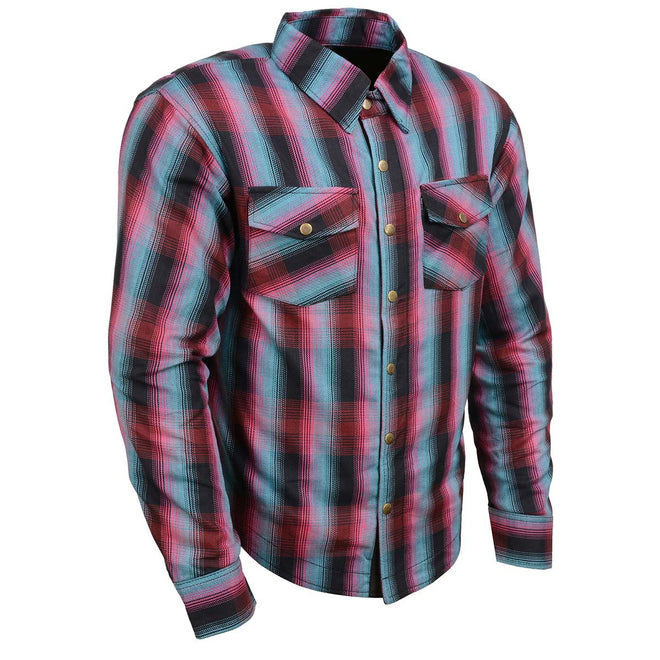 Milwaukee Leather men's plaid flannel biker shirt with CE armor, reinforced with aramid fiber, displayed on a hanger.