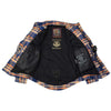 Milwaukee Leather MPM1656 men's blue and orange flannel biker jacket with CE armor and reinforced aramid fiber, stylish motorcycle apparel