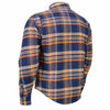 Milwaukee Leather MPM1656 blue and orange flannel biker jacket for men with CE armor and aramid fiber reinforcement.