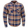Milwaukee Leather MPM1656 men's blue and orange flannel biker jacket with CE armor and reinforced aramid fiber, HighwayLeather.