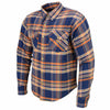 Milwaukee Leather MPM1656 men's blue and orange flannel biker jacket with CE armor and reinforced aramid fiber for protection.