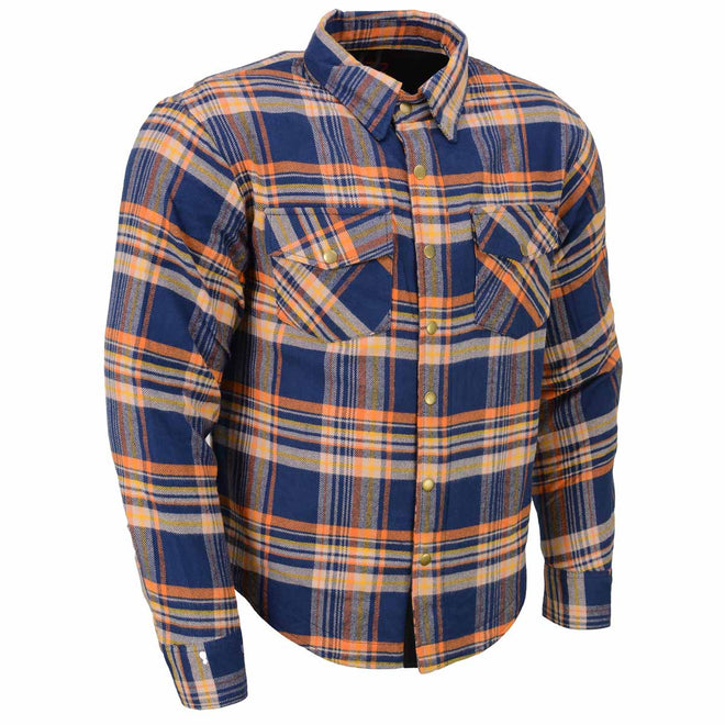 Milwaukee Leather MPM1656 men's blue and orange flannel biker jacket with CE armor and reinforced aramid fiber, casual motorcycle style.