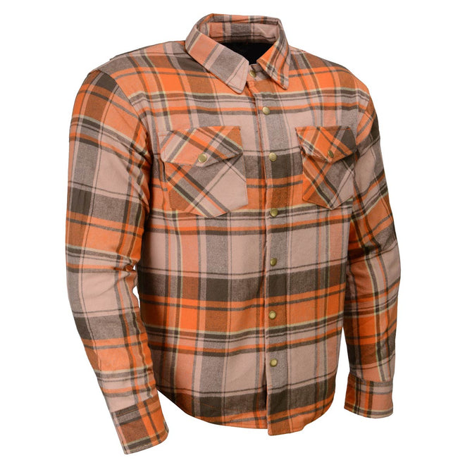 Milwaukee Leather men's plaid flannel biker jacket with CE armor, reinforced with aramid fiber, by HighwayLeather.