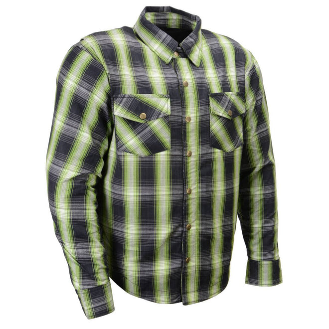 Milwaukee Leather MPM1658 men's plaid flannel biker jacket with CE armor and reinforced aramid fiber for protection.