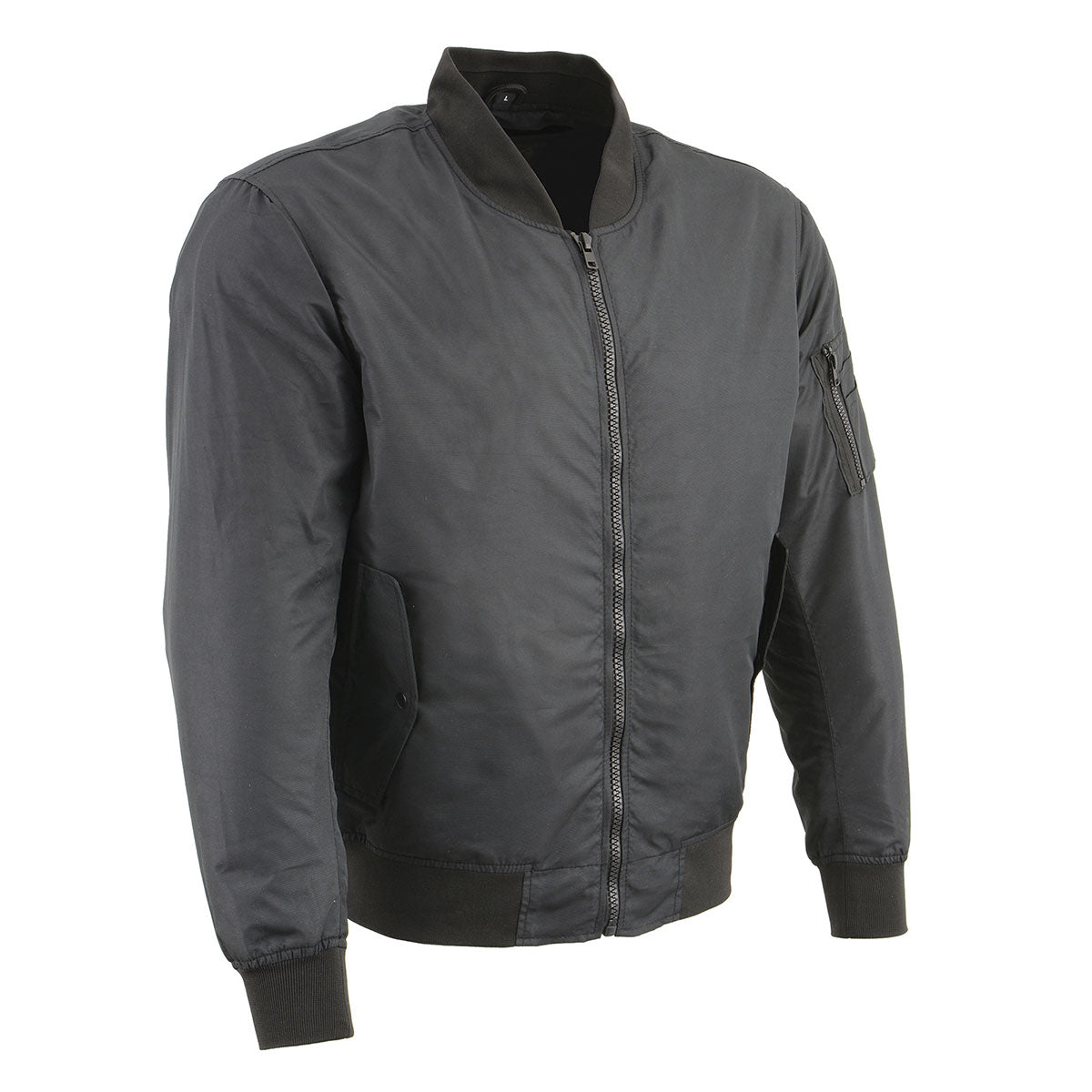 Milwaukee Leather men's black textile aviator bomber jacket with armor protection, featuring a zip front and ribbed cuffs.