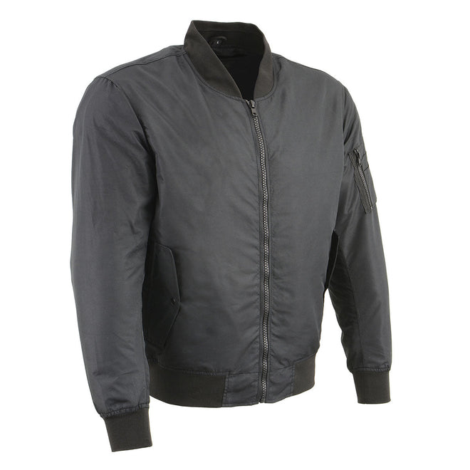Milwaukee Leather men's black textile aviator bomber jacket with armor protection, featuring a zip front and ribbed cuffs.