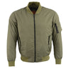 Milwaukee Leather men's green textile aviator bomber jacket with armor protection, featuring a front zipper and ribbed cuffs.
