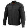 Milwaukee Leather men's black vented textile jacket with reflective stripes, featuring a stand collar and zip closure.