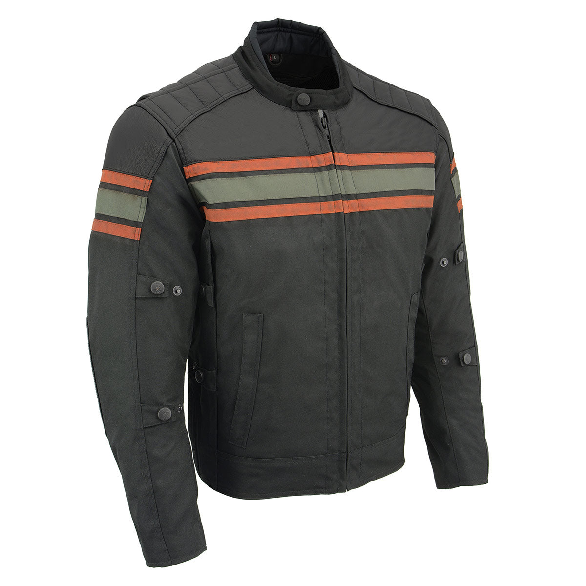 Milwaukee Leather men's burnt orange leather and textile armored motorcycle jacket with armor padding, suitable for all seasons.