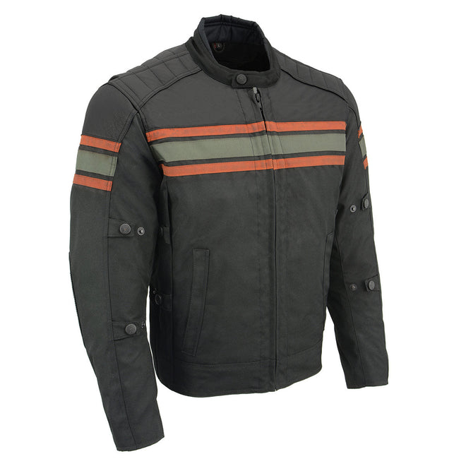 Milwaukee Leather men's burnt orange leather and textile armored motorcycle jacket with armor padding, suitable for all seasons.