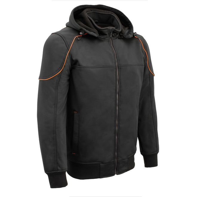 Milwaukee Leather men's black soft shell motorcycle jacket with armored protection and detachable hood, racing style.