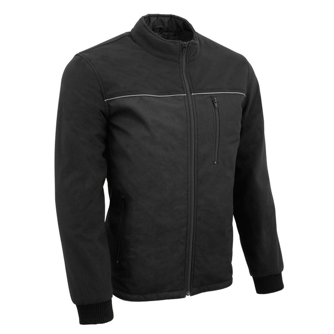 Milwaukee Leather men's black textile and fleece combo jacket with reflective piping, featuring a stylish and functional design.