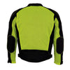 Milwaukee Leather men's black and neon green hi-vis mesh racer armored jacket with removable rain jacket, front view.