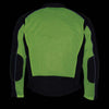 Milwaukee Leather men's black and neon green hi-vis mesh racer armored jacket with removable rain jacket, shown with detailed close-up.