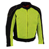 Milwaukee Leather men's black and neon green hi-vis mesh armored jacket with removable rain layer, casual and protective men's jacket.