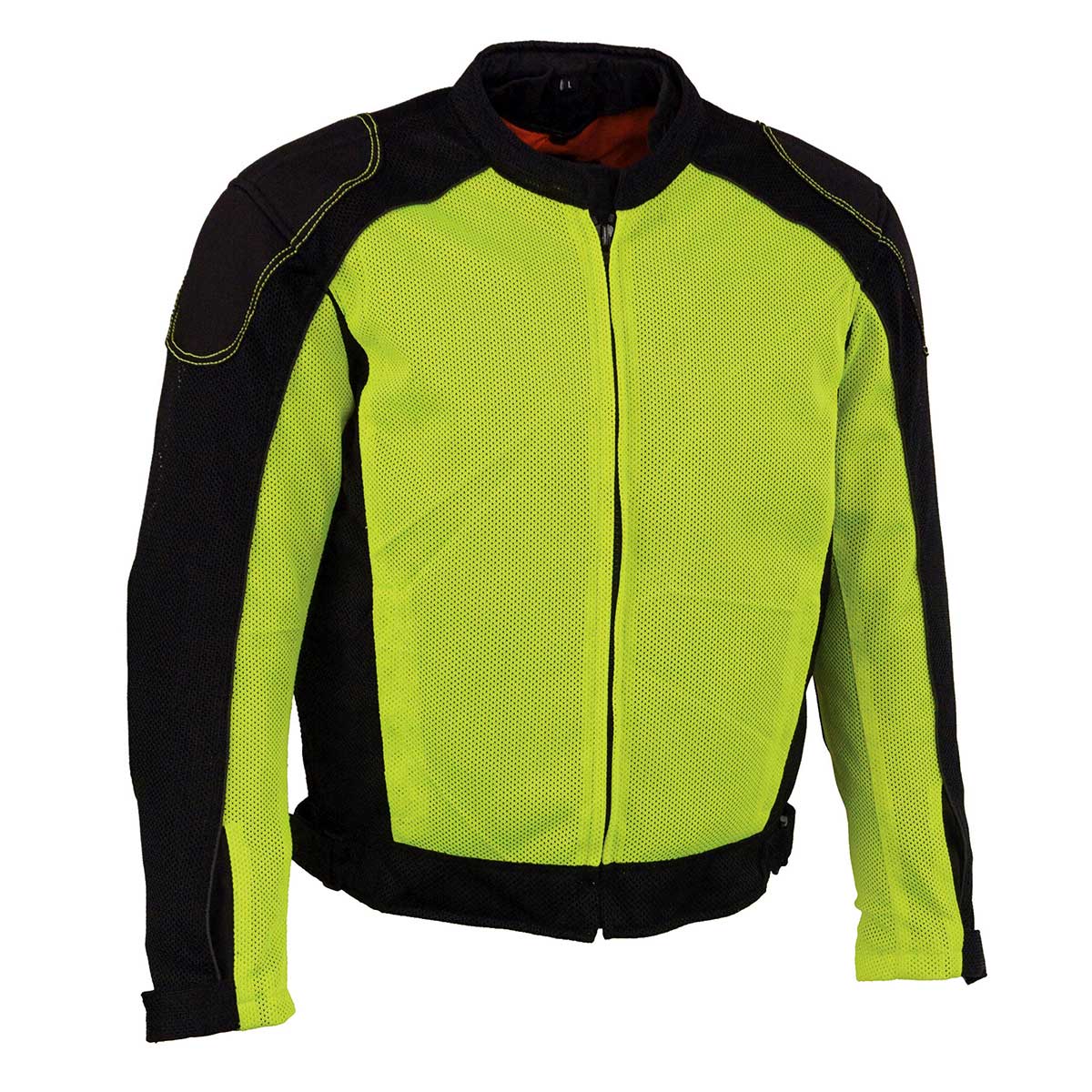 Milwaukee Leather men's black and neon green hi-vis mesh armored jacket with removable rain layer, casual and protective men's jacket.