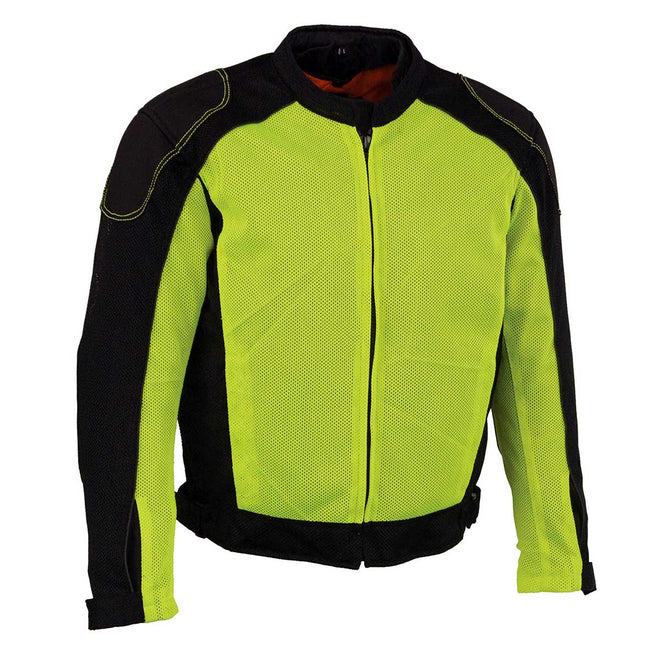 Milwaukee Leather men's black and neon green hi-vis mesh armored jacket with removable rain layer, casual and protective men's jacket.