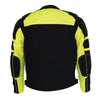 Milwaukee Leather men's black and neon green armored textile motorcycle riding jacket with protective padding and reflective accents.