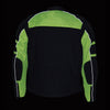 Milwaukee Leather men's armored textile motorcycle riding jacket in black and neon green with protective padding.