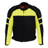 Milwaukee Leather men's black and neon green armored textile motorcycle riding jacket with protective padding and reflective details.