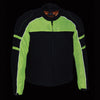 Milwaukee Leather men's black and neon green armored textile motorcycle riding jacket with protective padding and reflective details.