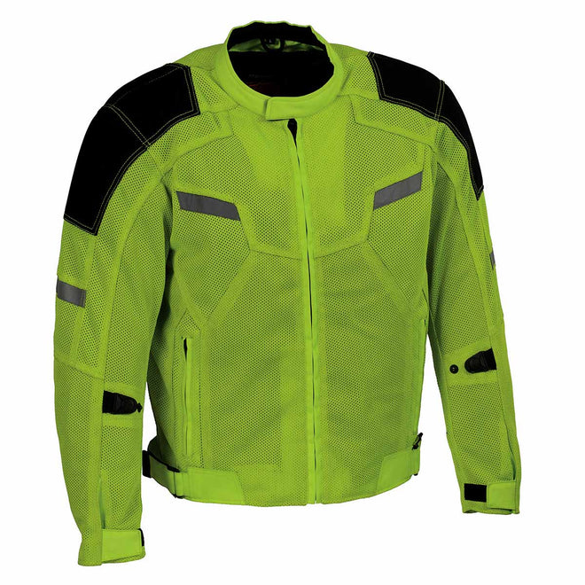 Milwaukee Leather men's black and green high-viz motorcycle jacket with armor and mesh panels, designed for high visibility riding.