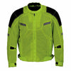 Milwaukee Leather men's black and green high-vis armored mesh motorcycle jacket with reflective details and protective armor.