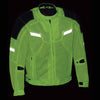 Milwaukee Leather men's black and green high-viz motorcycle jacket with armored mesh and racing design, featuring reflective details.