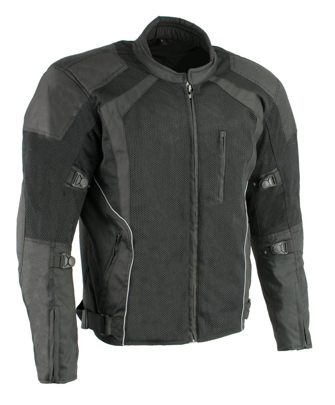 Milwaukee Leather men's black armored mesh motorcycle jacket with protective padding and all-season design for bikers.