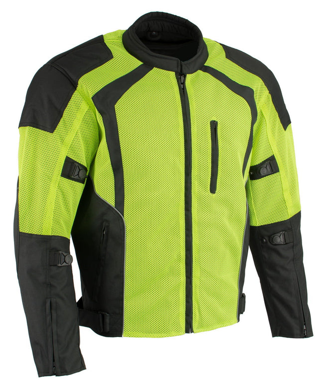 Milwaukee Leather green high-vis armored mesh motorcycle jacket for men, all-season biker jacket with reflective details and protective padding.