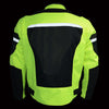 Milwaukee Leather men's high visibility green armored mesh racer jacket with reflective piping, back view at night.