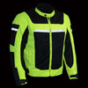 Milwaukee Leather men's high visibility green armored mesh racer jacket with reflective piping, front view at night.