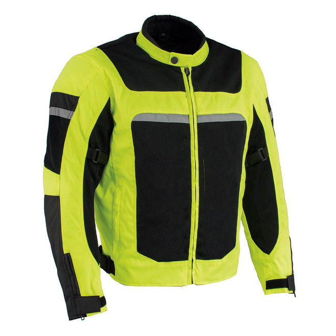 Milwaukee Leather men's high visibility green armored mesh racer jacket with reflective piping, all-season motorcycle jacket.