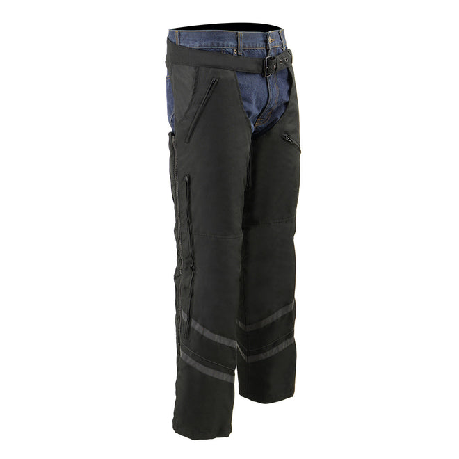 Milwaukee Leather MPM5701 men's black reflective vented textile motorcycle chaps with reinforced knee panels and adjustable waist straps.