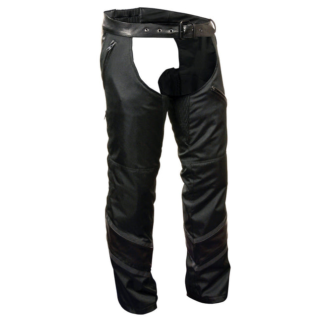 Milwaukee Leather men's black vented textile chaps with leather trim and snap-out liner, designed for motorcycle riding.