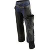 Milwaukee Leather men's black vented textile chaps with leather trim, showing the detailed design and side view.