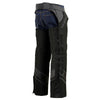 Milwaukee Leather men's black vented textile chaps with leather trim, designed for motorcycle riding, shown on a model.